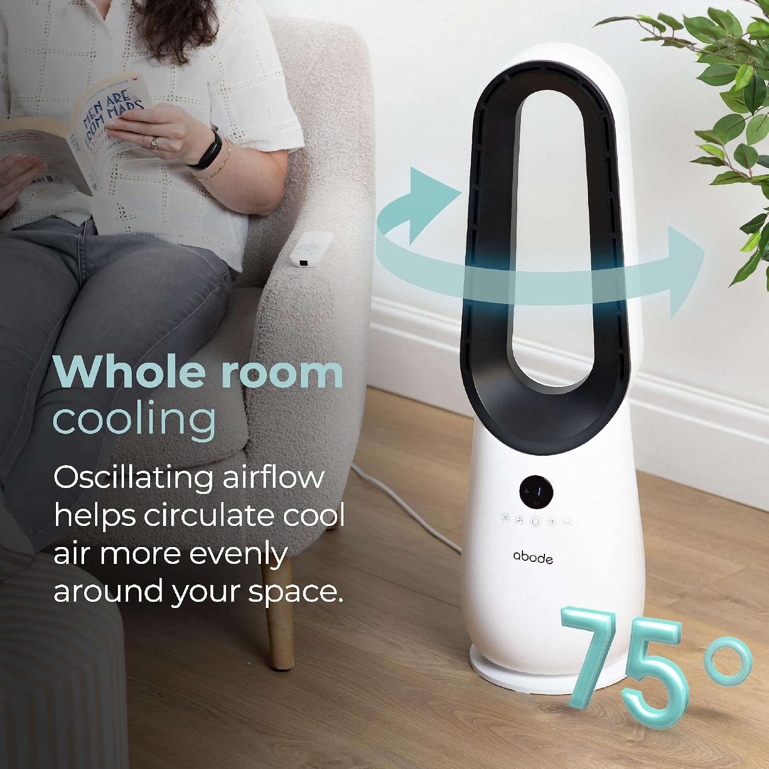 Abode Bladeless Cooling Fan in White with 4 Speed Settings, Touch Controlled Buttons, LED Display with Remote, 75° Oscillation Function, 1.8m Power Cord & 9 Hour Timer ABLDL2001