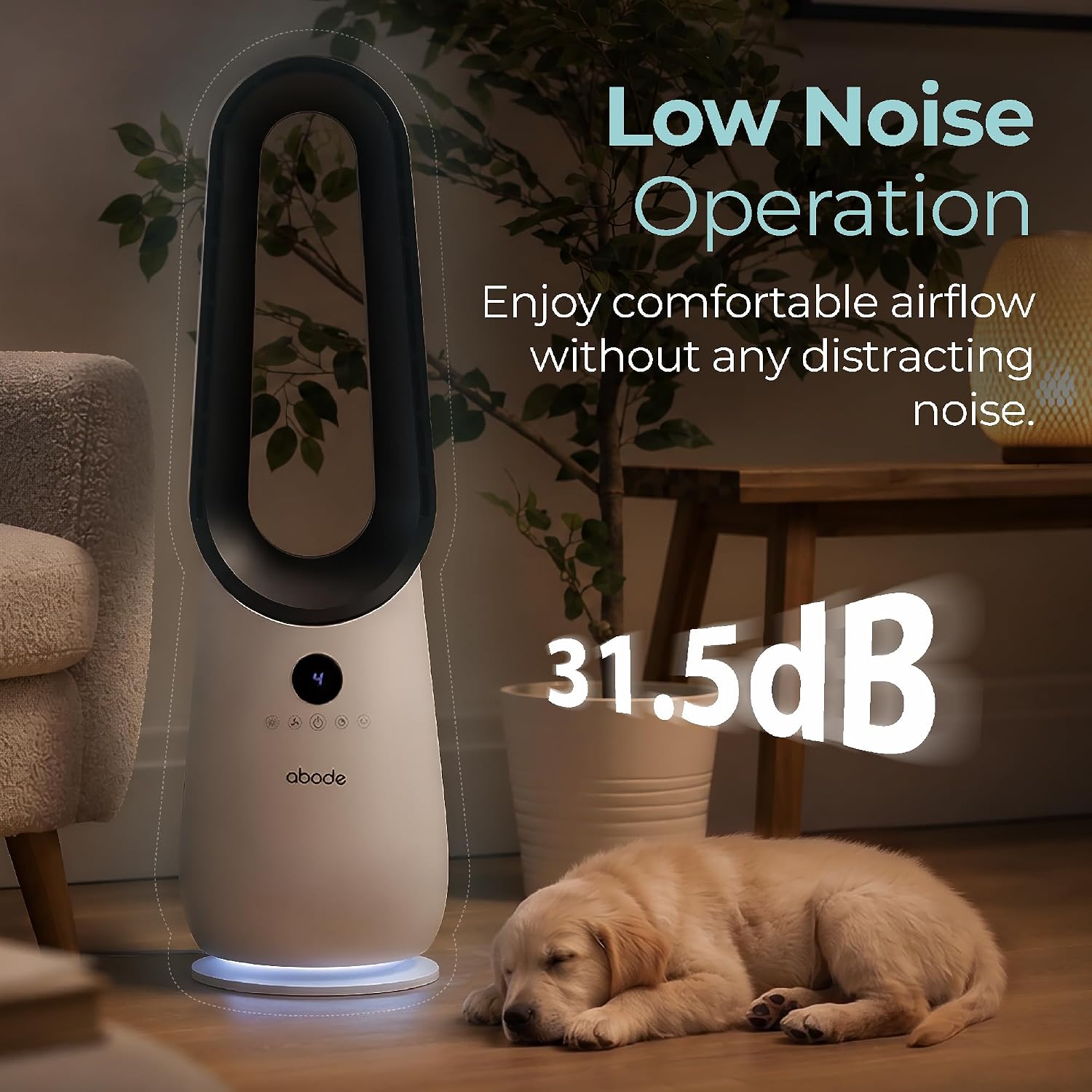 Abode Bladeless Cooling Fan in White with 4 Speed Settings, Touch Controlled Buttons, LED Display with Remote, 75° Oscillation Function, 1.8m Power Cord & 9 Hour Timer ABLDL2001