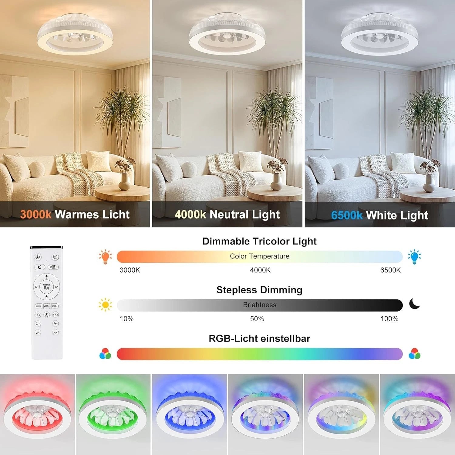 Ateroll Ceiling Fans with Lights, 48CM RGB Fan Ceiling Lights with Remote Control, 6 Speeds Quiet Fan with Timer and Memory, 3000K-6500K Dimmable LED Modern Fan Light for Bedroom Kitchen Living Room