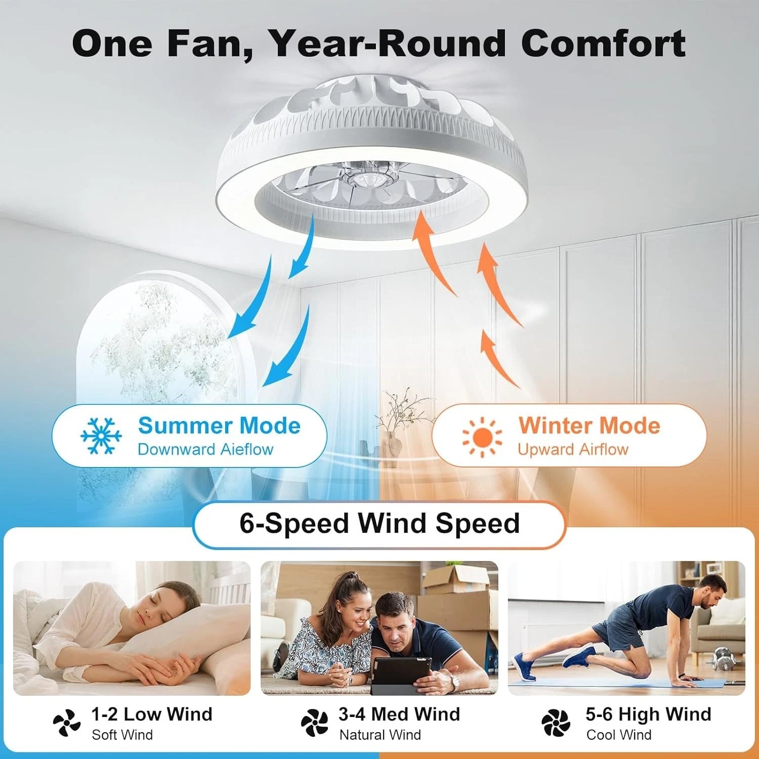 Ateroll Ceiling Fans with Lights, 48CM RGB Fan Ceiling Lights with Remote Control, 6 Speeds Quiet Fan with Timer and Memory, 3000K-6500K Dimmable LED Modern Fan Light for Bedroom Kitchen Living Room