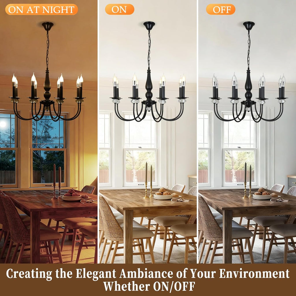 Black Chandelier, 8-Light Farmhouse Candle Chandelier for Living Room, Rustic Industrial Pendant Chandeliers for Dining Room, Vintage Crystal Hanging Light fixture for Hallway Kitchen Foyer E14 [Energy Class E]
