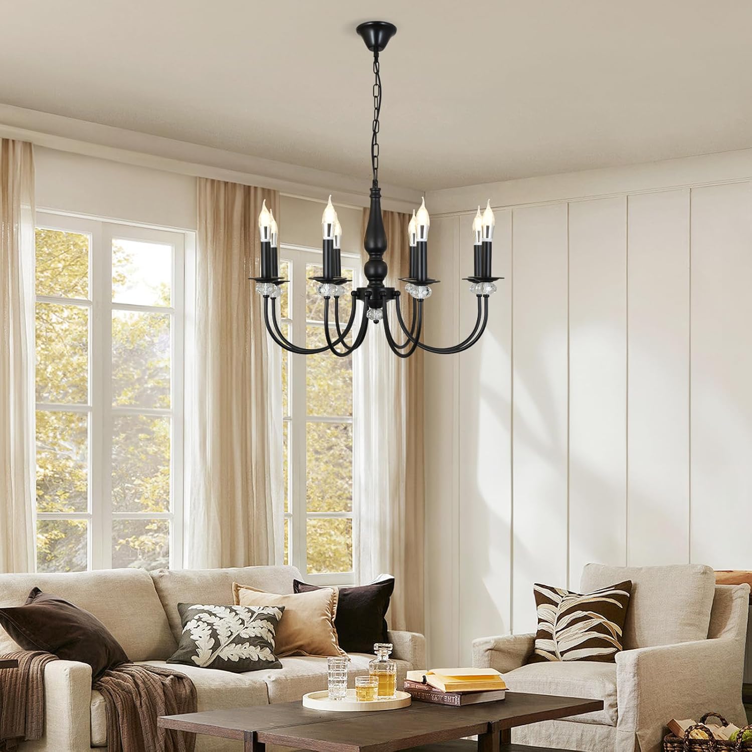 Black Chandelier, 8-Light Farmhouse Candle Chandelier for Living Room, Rustic Industrial Pendant Chandeliers for Dining Room, Vintage Crystal Hanging Light fixture for Hallway Kitchen Foyer E14 [Energy Class E]