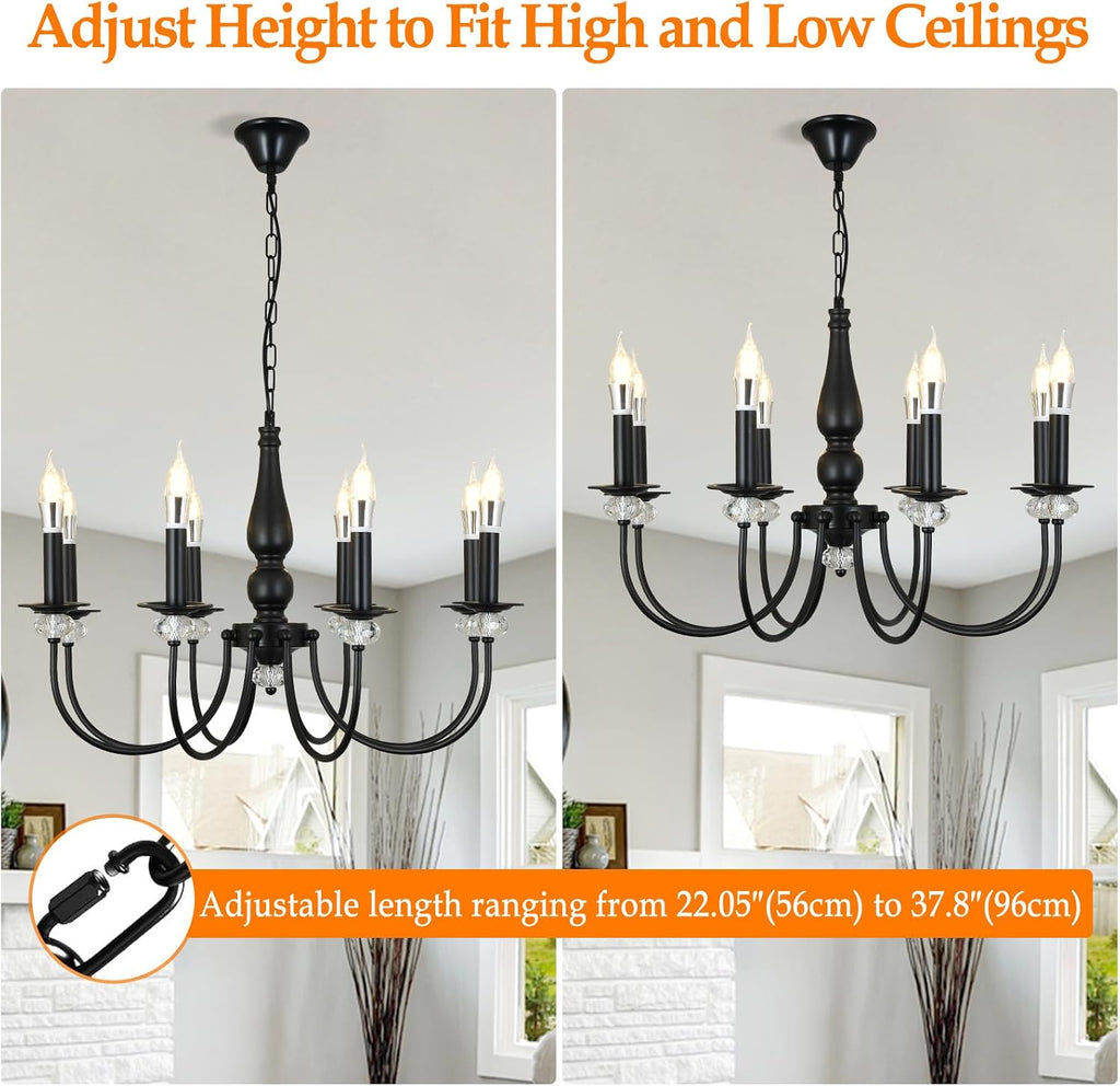 Black Chandelier, 8-Light Farmhouse Candle Chandelier for Living Room, Rustic Industrial Pendant Chandeliers for Dining Room, Vintage Crystal Hanging Light fixture for Hallway Kitchen Foyer E14 [Energy Class E]