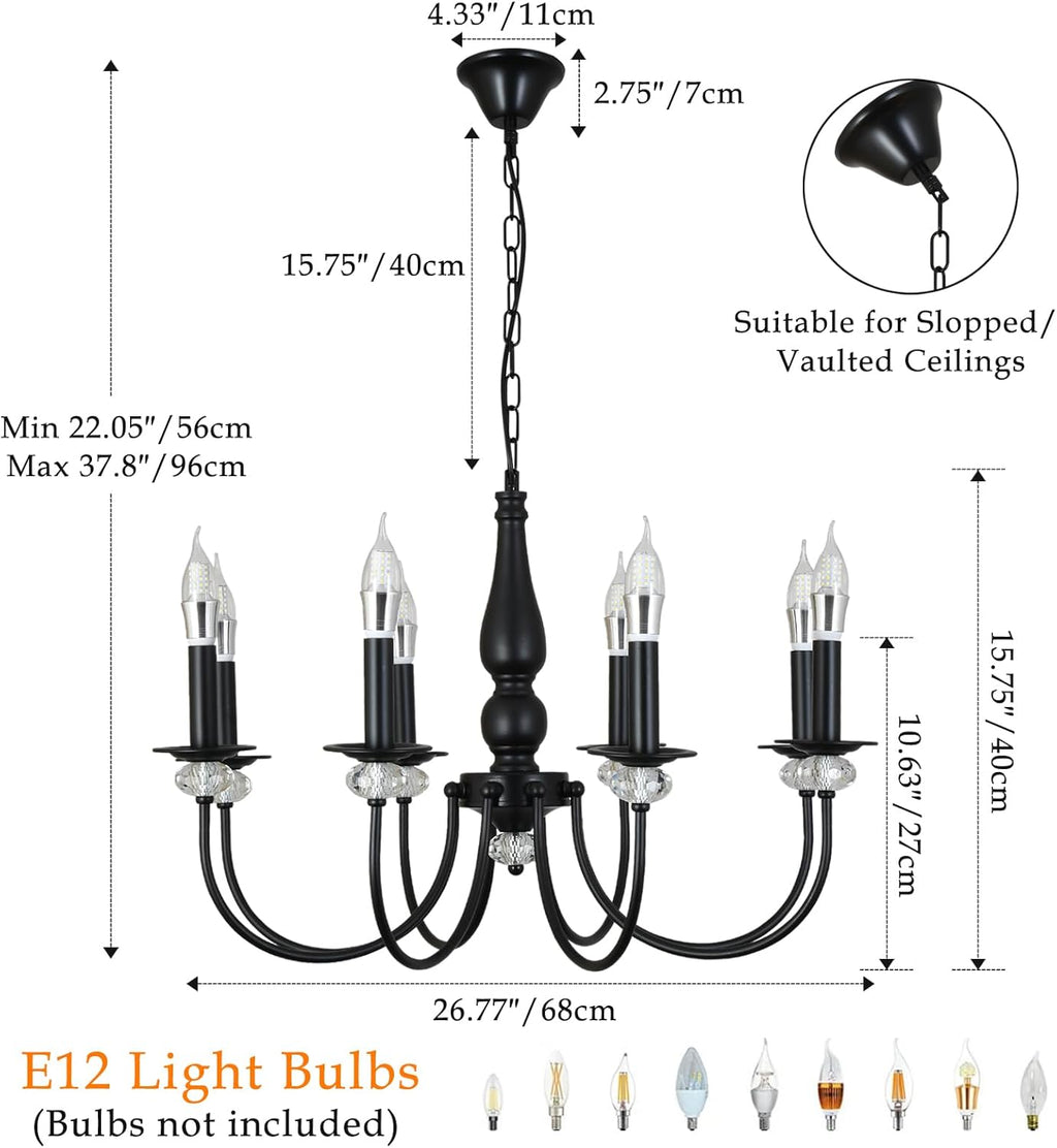 Black Chandelier, 8-Light Farmhouse Candle Chandelier for Living Room, Rustic Industrial Pendant Chandeliers for Dining Room, Vintage Crystal Hanging Light fixture for Hallway Kitchen Foyer E14 [Energy Class E]