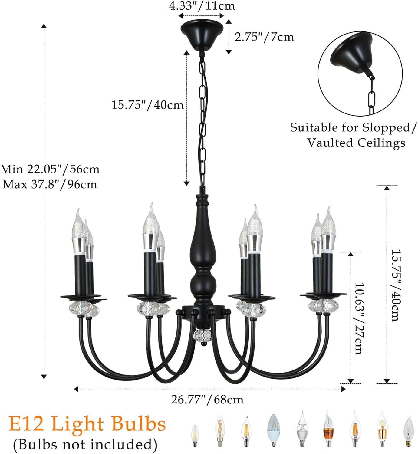 Black Chandelier, 8-Light Farmhouse Candle Chandelier for Living Room, Rustic Industrial Pendant Chandeliers for Dining Room, Vintage Crystal Hanging Light fixture for Hallway Kitchen Foyer E14 [Energy Class E]
