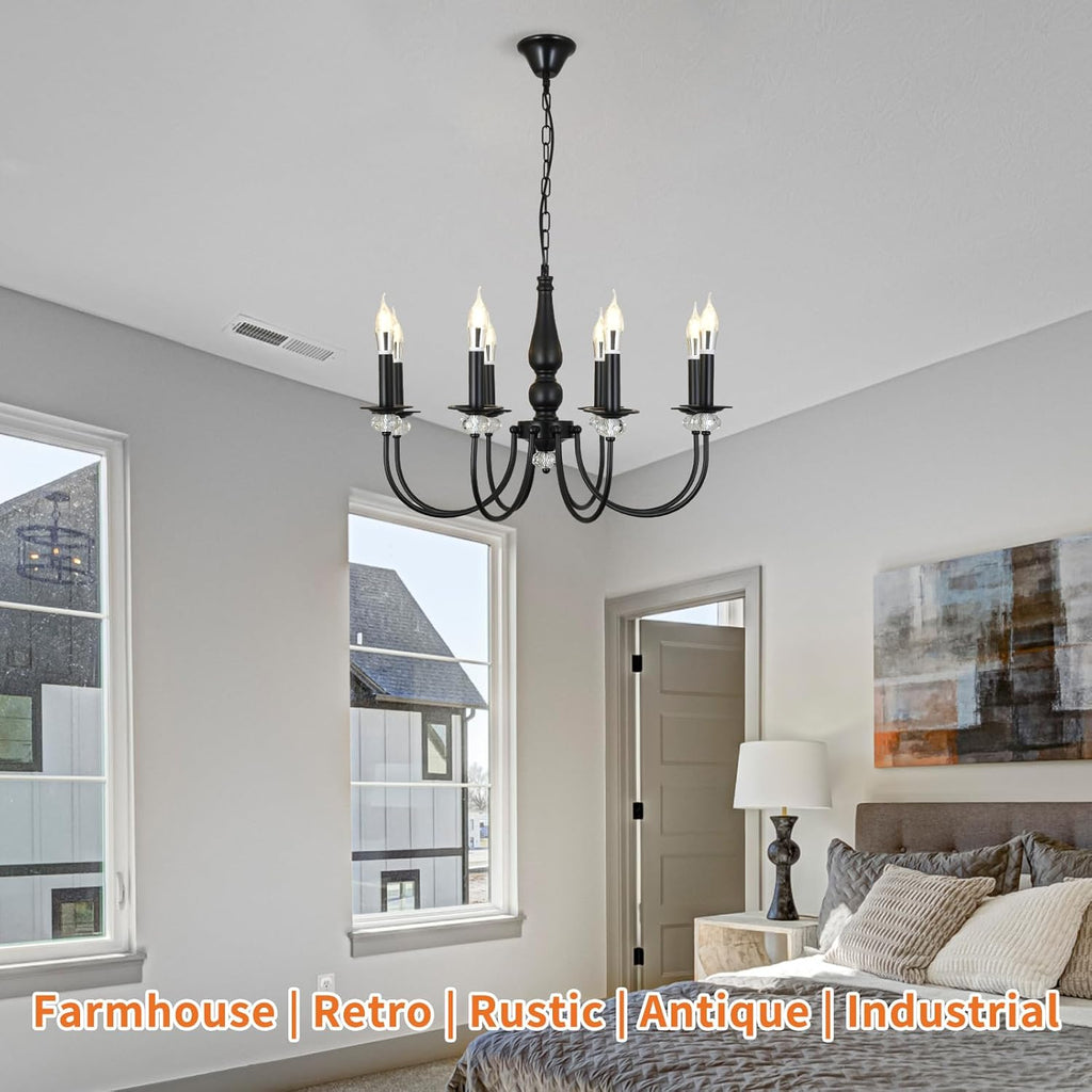 Black Chandelier, 8-Light Farmhouse Candle Chandelier for Living Room, Rustic Industrial Pendant Chandeliers for Dining Room, Vintage Crystal Hanging Light fixture for Hallway Kitchen Foyer E14 [Energy Class E]