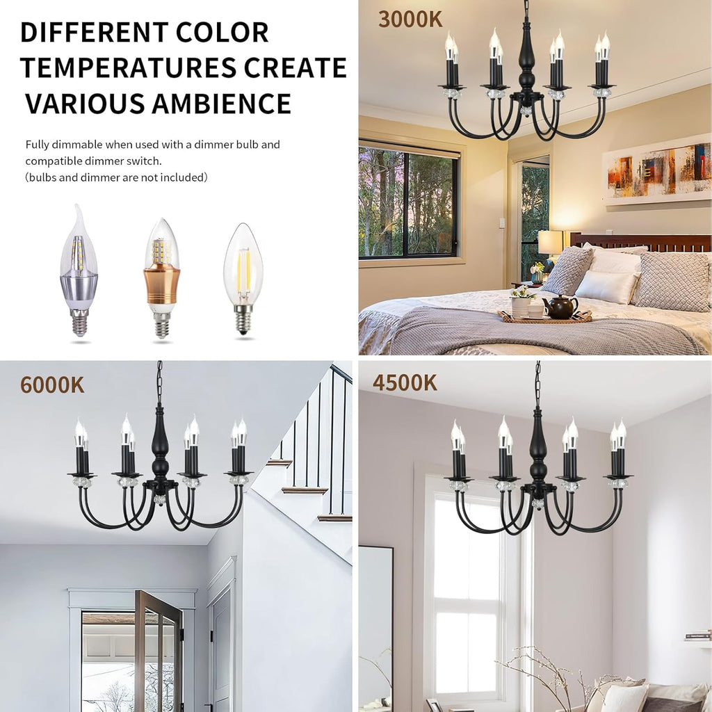 Black Chandelier, 8-Light Farmhouse Candle Chandelier for Living Room, Rustic Industrial Pendant Chandeliers for Dining Room, Vintage Crystal Hanging Light fixture for Hallway Kitchen Foyer E14 [Energy Class E]