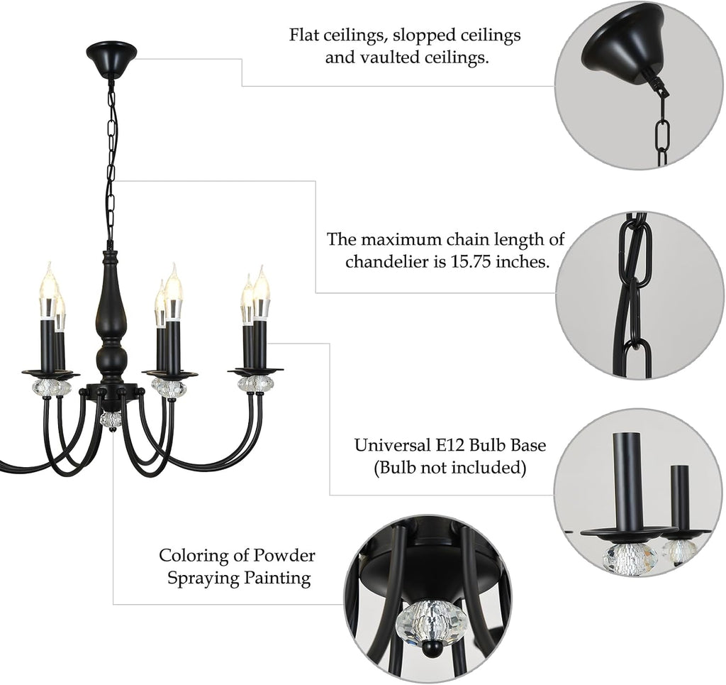 Black Chandelier, 8-Light Farmhouse Candle Chandelier for Living Room, Rustic Industrial Pendant Chandeliers for Dining Room, Vintage Crystal Hanging Light fixture for Hallway Kitchen Foyer E14 [Energy Class E]