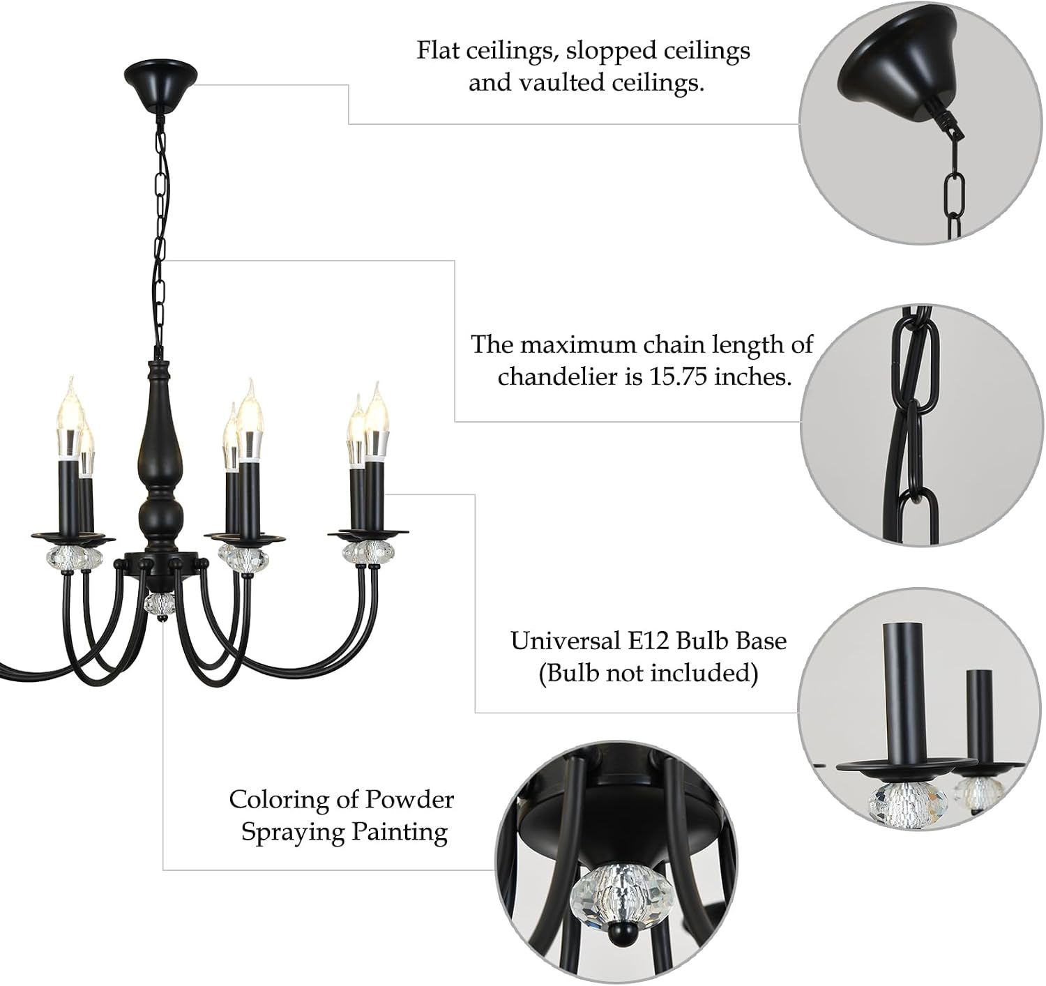 Black Chandelier, 8-Light Farmhouse Candle Chandelier for Living Room, Rustic Industrial Pendant Chandeliers for Dining Room, Vintage Crystal Hanging Light fixture for Hallway Kitchen Foyer E14 [Energy Class E]