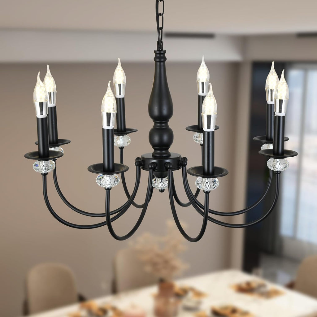 Black Chandelier, 8-Light Farmhouse Candle Chandelier for Living Room, Rustic Industrial Pendant Chandeliers for Dining Room, Vintage Crystal Hanging Light fixture for Hallway Kitchen Foyer E14 [Energy Class E]