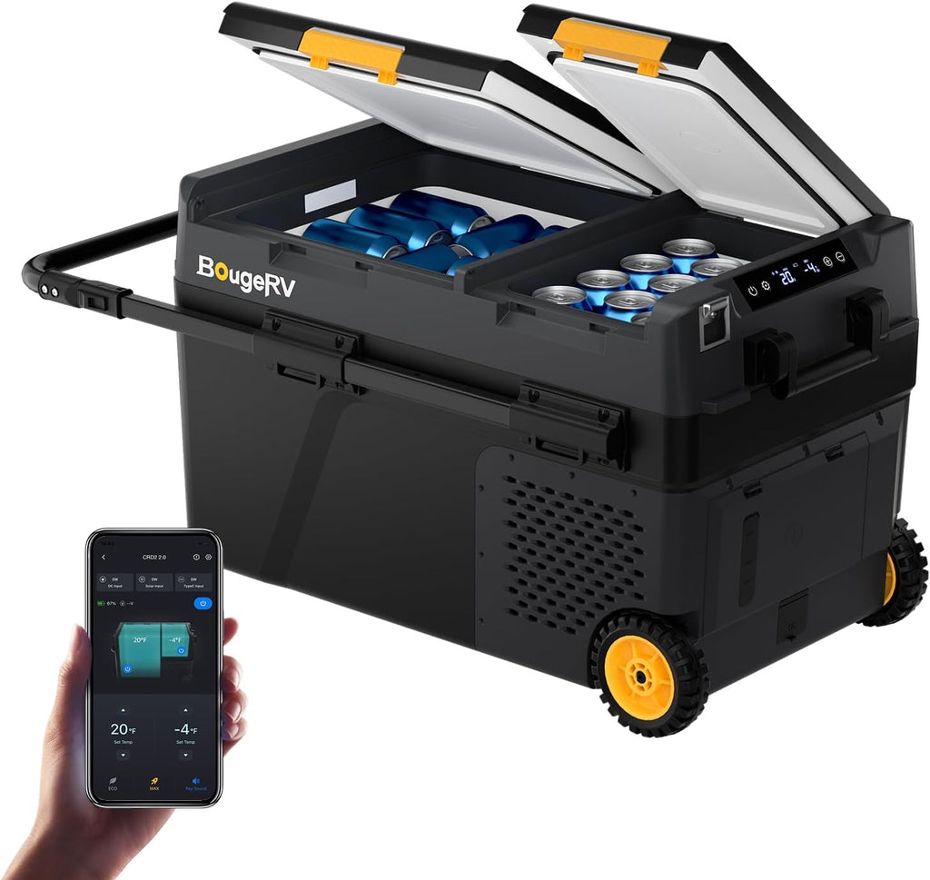 BougeRV CRD2 V2.0 40L Car Fridge Dual Zone 12V Compressor Freezer with Wheels &amp; Telescopic Handle 35dB IPX4 12V/24V 230V App Control Portable Refrigerator for Camping RV Campervan -20℃~20℃ (2026 New)
