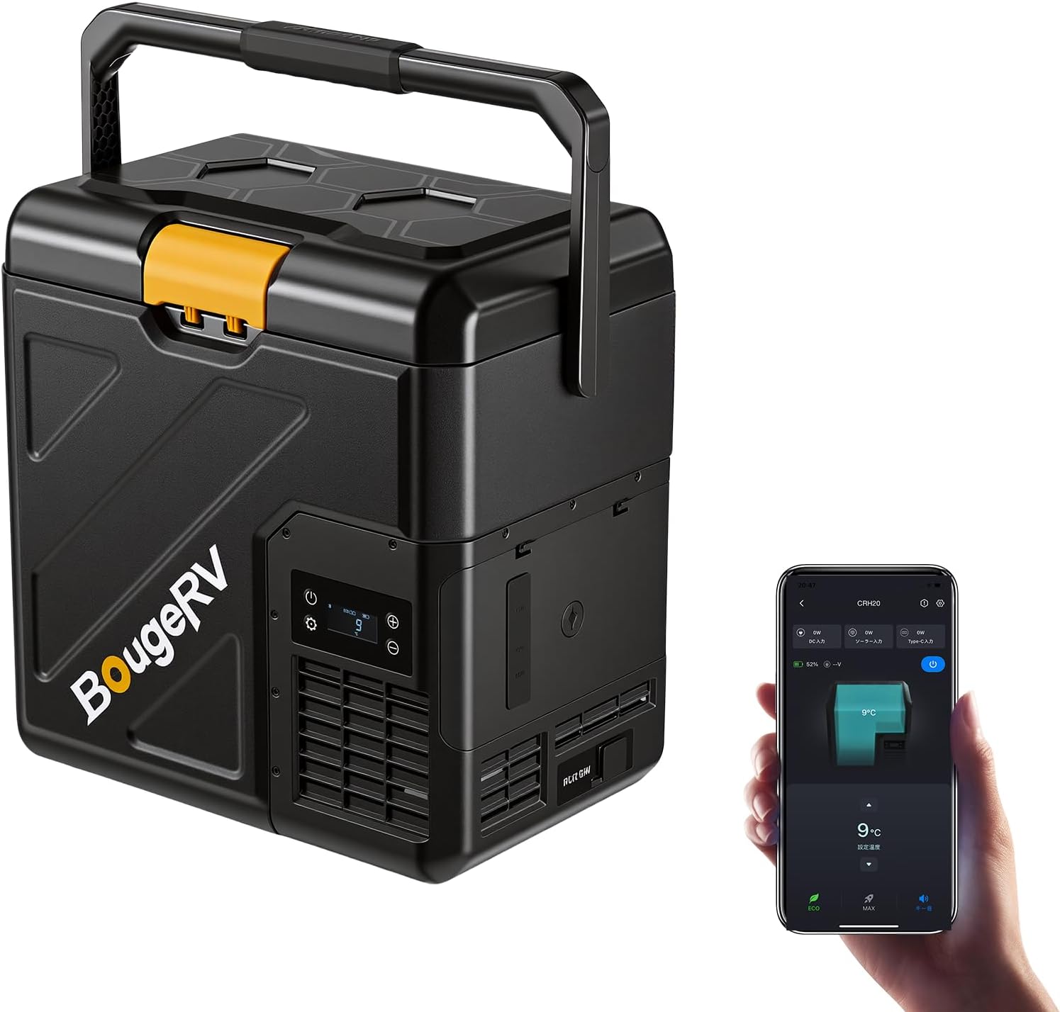 BougeRV CRH20 20L Car Fridge, Portable 12V Compressor Refrigerator with Rubber-Wrapped Handle, IPX4, App Control, 35dB, -20℃ to 20℃, 12/24V DC 230V AC for Campervan Road Trips Truck Camping (2026 New)