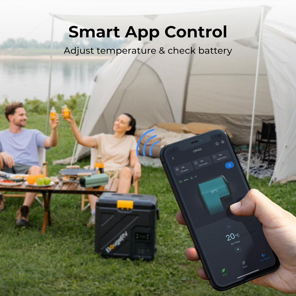 BougeRV CRH20 20L Car Fridge, Portable 12V Compressor Refrigerator with Rubber-Wrapped Handle, IPX4, App Control, 35dB, -20℃ to 20℃, 12/24V DC 230V AC for Campervan Road Trips Truck Camping (2026 New)