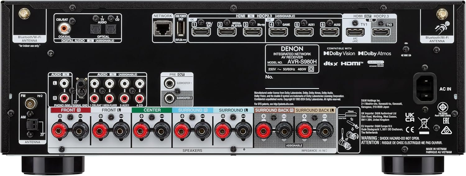 Denon AVR-S980H 7.2 Channel AV Receiver – 90W, Dolby Atmos & DTS:X, 8K/60 & 4K/120 HDMI, HEOS Multiroom, Wi-Fi, Bluetooth, AirPlay 2, Gaming Ready (VRR/ALLM), Home Cinema Amplifier