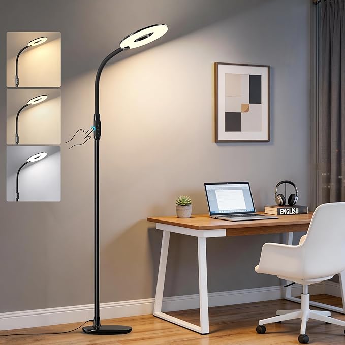 GyroVu LED Floor Lamp, 70'' Bright Reading Floor Lamps for Living Room, Dimmable &amp; Adjustable Color Temperature, Touch Control Standing Tall Lamp, Gooseneck Floor Light for Bedroom Office, Black