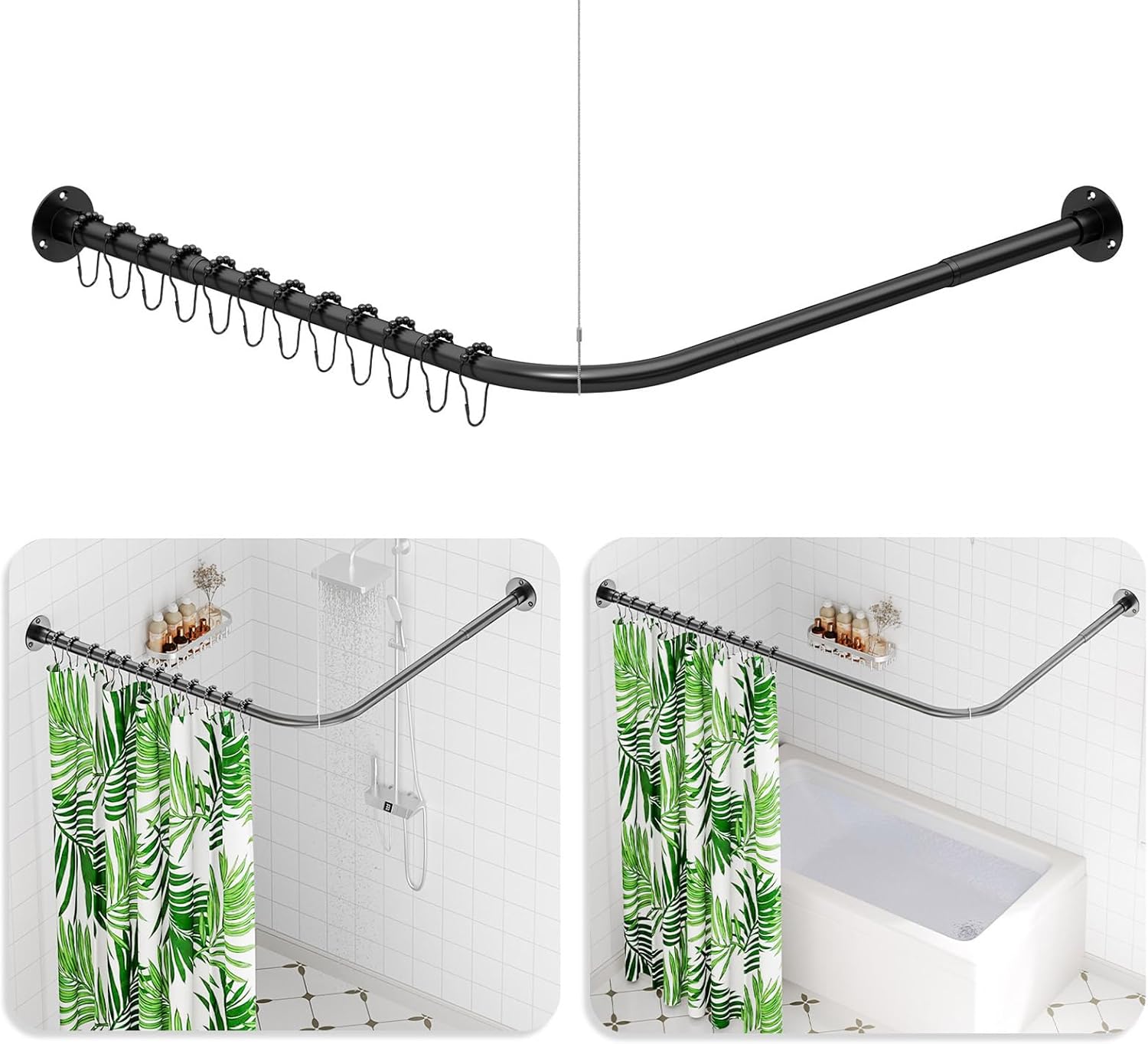 L Shaped Shower Curtain Rail, (60-133cm) x (60-133cm) Extendable Corner Shower Curtain Rail, Curved Shower Rail With 12 Rings &amp; Ceiling Support For Bathroom &amp; Bathtubs, Need Drilling - Matte Black