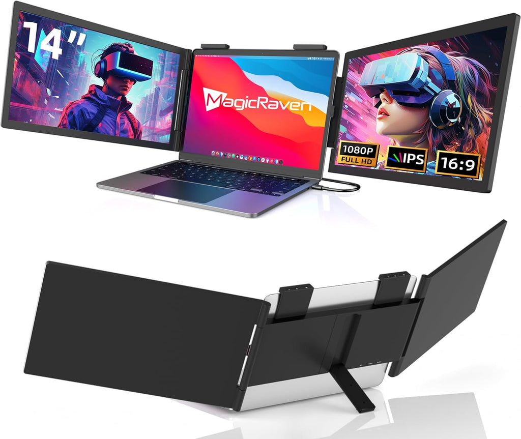 MAGICRAVEN Laptop Screen Extender, 14" FHD 1080P IPS Triple Monitor Extender, Dual Portable Monitor for Laptop 14"-16", USB C Monitor Portable Screen for Windows, Mac, Android, Chrome, Plug and Play