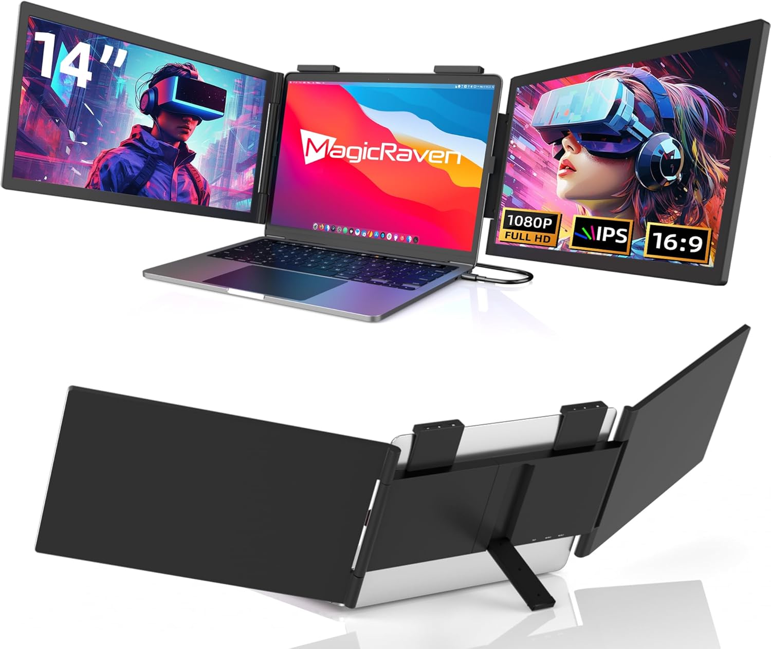 MAGICRAVEN Laptop Screen Extender, 14" FHD 1080P IPS Triple Monitor Extender, Dual Portable Monitor for Laptop 14"-16", USB C Monitor Portable Screen for Windows, Mac, Android, Chrome, Plug and Play