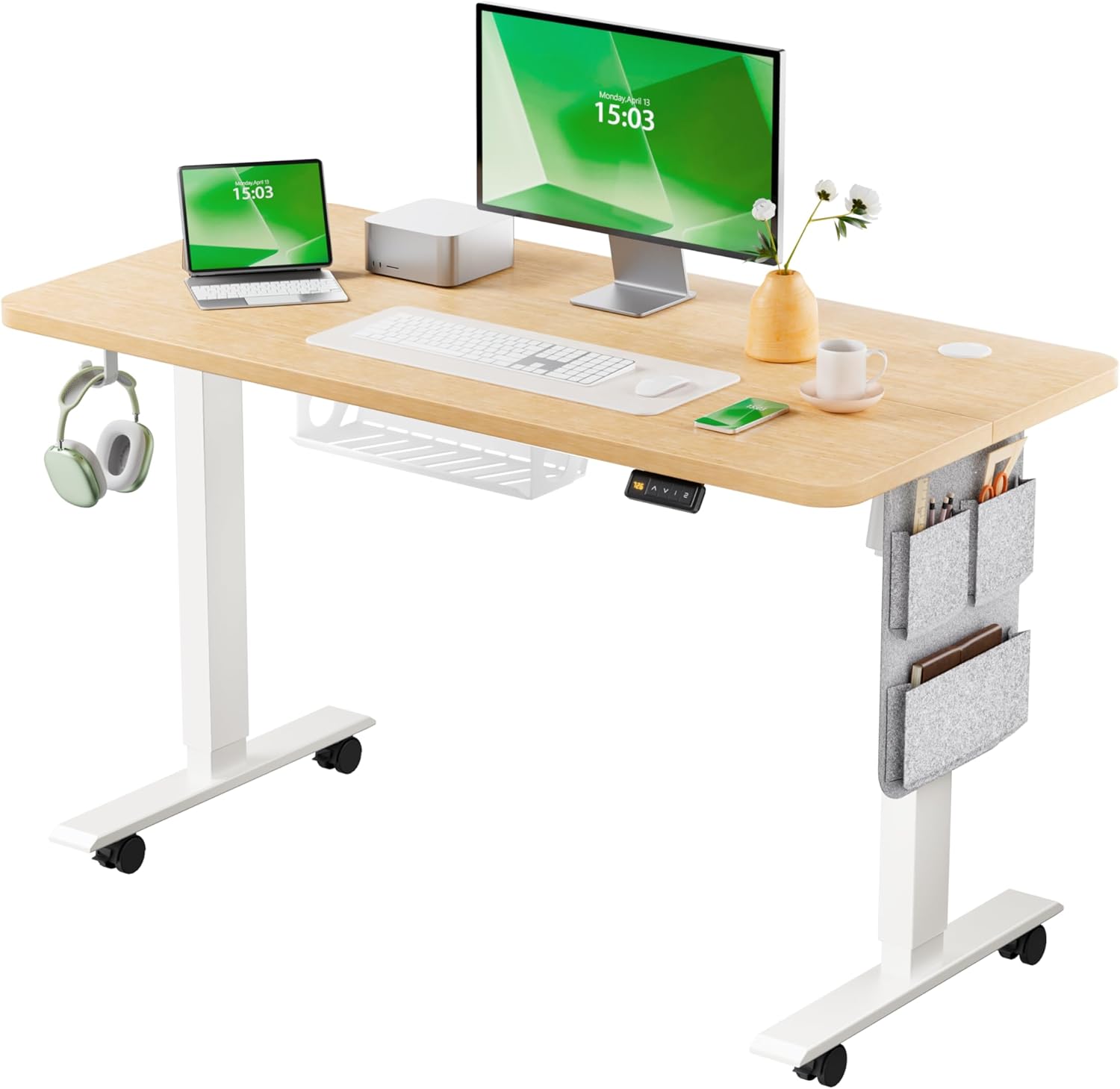 MAIDeSITe Electric Height Adjustable Standing Desk, 100 x 60 cm Sit Stand Desk with Cable Tray, Hook and Storage Pocketse, Stand Up Desk with Memory Controller for Home Office