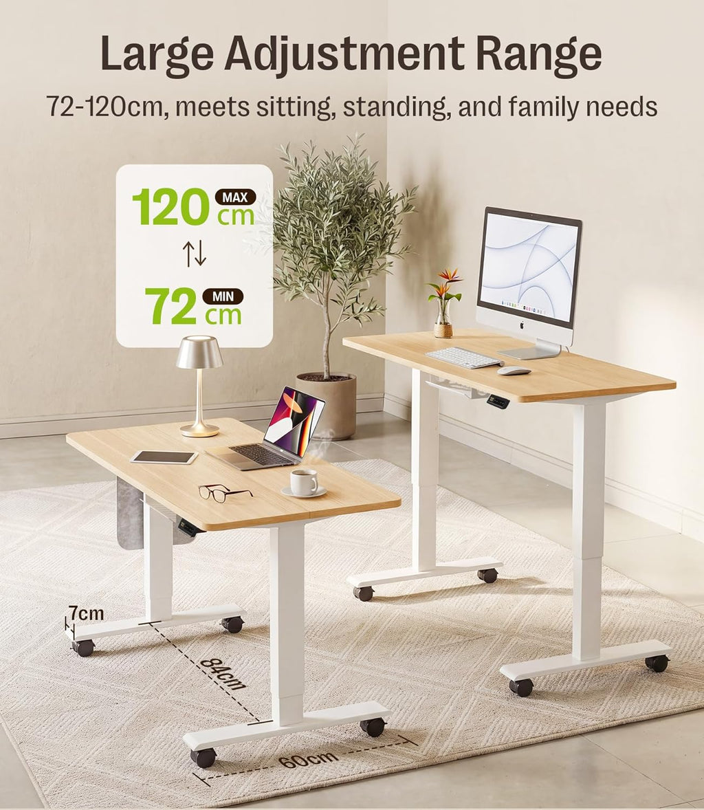MAIDeSITe Electric Height Adjustable Standing Desk, 100 x 60 cm Sit Stand Desk with Cable Tray, Hook and Storage Pocketse, Stand Up Desk with Memory Controller for Home Office