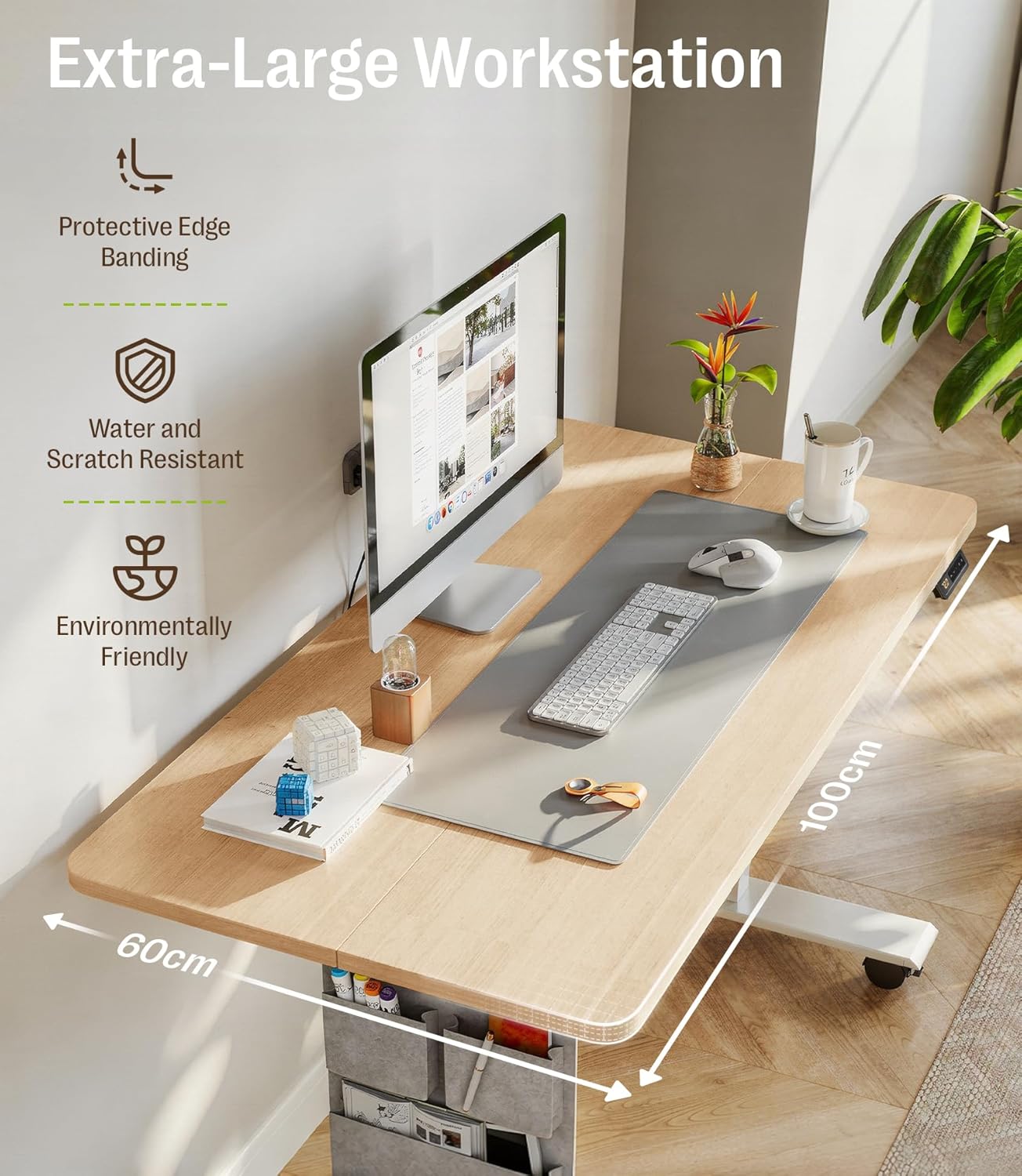 MAIDeSITe Electric Height Adjustable Standing Desk, 100 x 60 cm Sit Stand Desk with Cable Tray, Hook and Storage Pocketse, Stand Up Desk with Memory Controller for Home Office