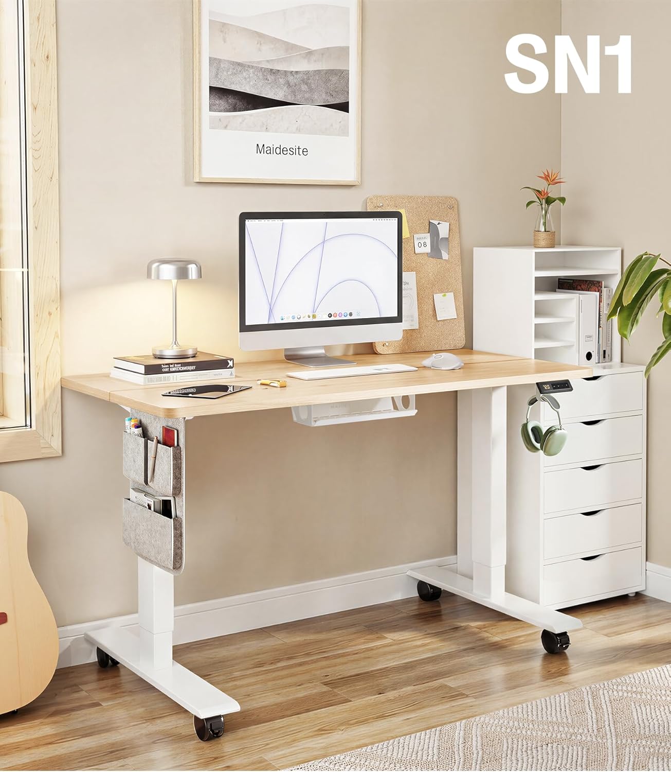 MAIDeSITe Electric Height Adjustable Standing Desk, 100 x 60 cm Sit Stand Desk with Cable Tray, Hook and Storage Pocketse, Stand Up Desk with Memory Controller for Home Office