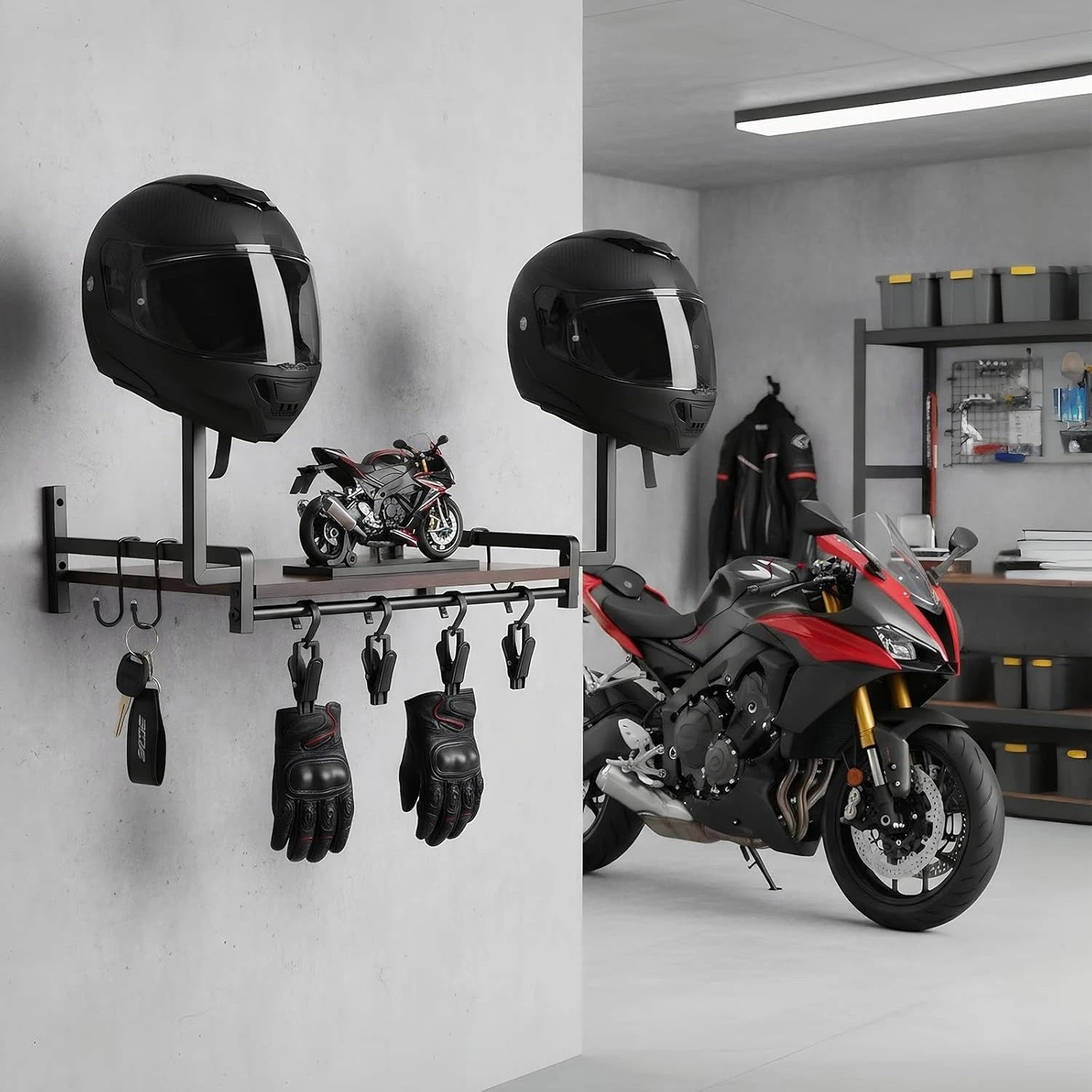Motorcycle Helmet Holder Wall Mount, Helmet Stand, Gear Storage With 4 Clips *UK