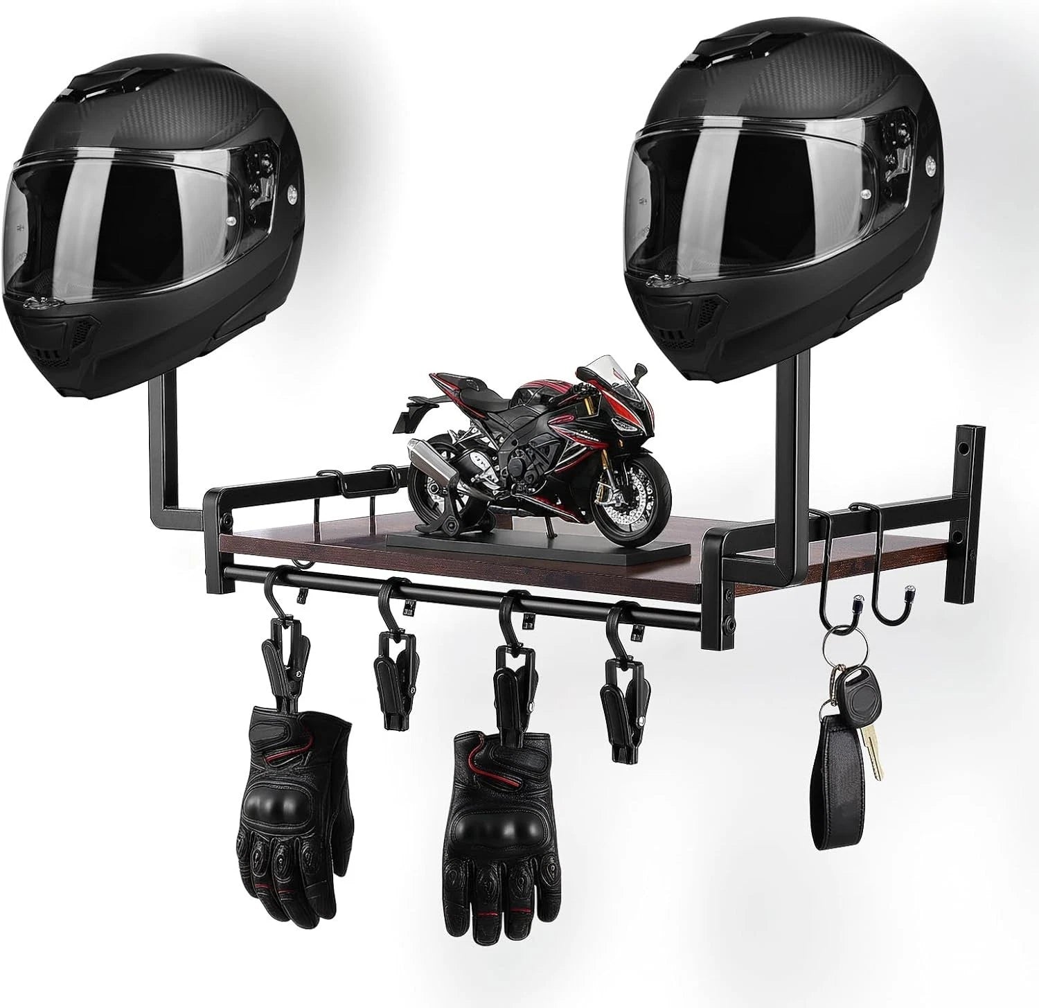Motorcycle Helmet Holder Wall Mount, Helmet Stand, Gear Storage With 4 Clips *UK