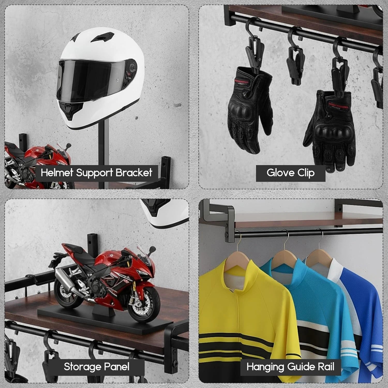 Motorcycle Helmet Holder Wall Mount, Helmet Stand, Gear Storage With 4 Clips *UK