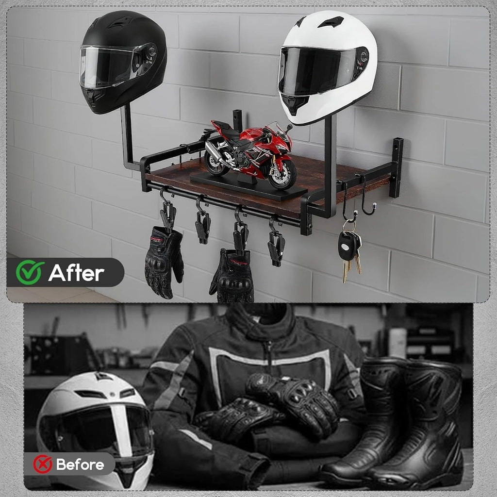 Motorcycle Helmet Holder Wall Mount, Helmet Stand, Gear Storage With 4 Clips *UK