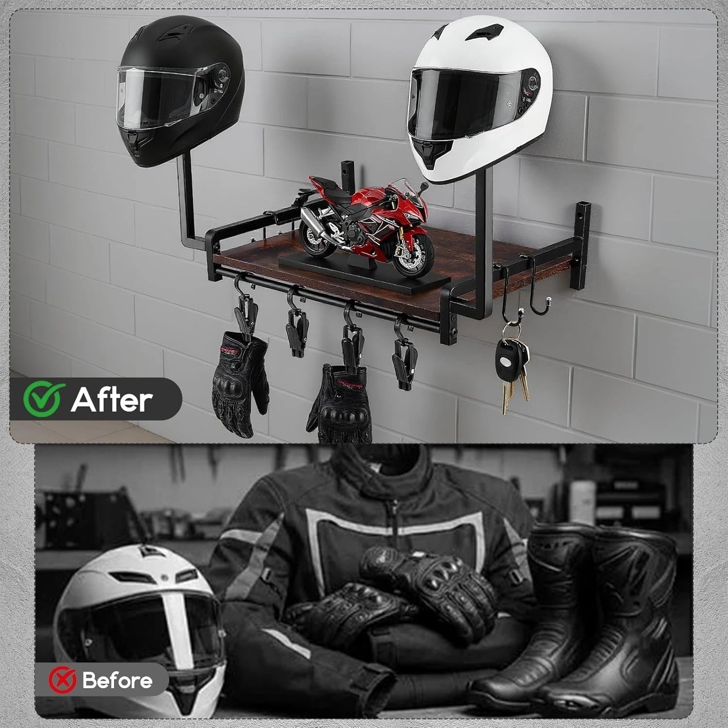 Motorcycle Helmet Holder Wall Mount, Helmet Stand, Gear Storage With 4 Clips *UK