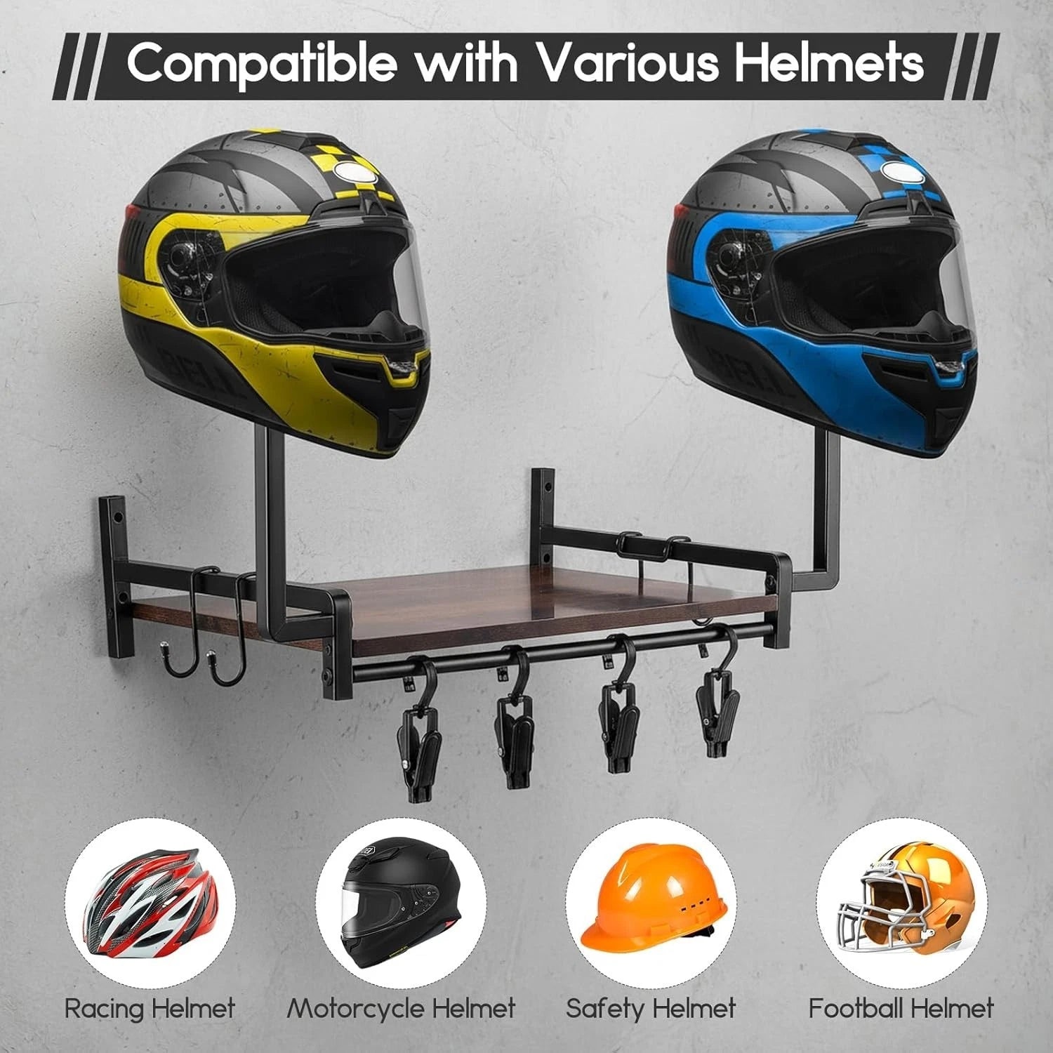 Motorcycle Helmet Holder Wall Mount, Helmet Stand, Gear Storage With 4 Clips *UK