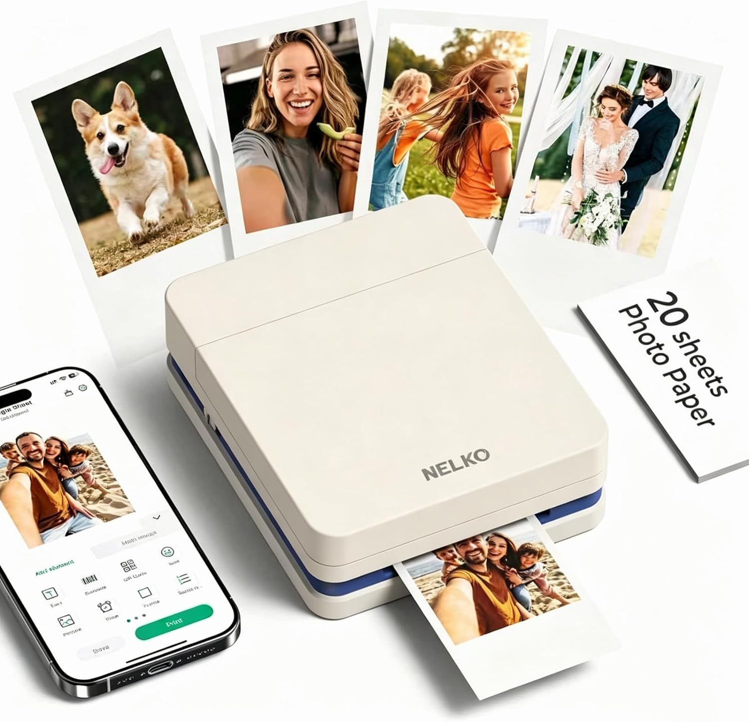 Nelko PP01 Instant Smartphone Photo Printer, Portable Mini Wireless Bluetooth, Sticky Back Photo Prints, Compatible with iOS iPhone &amp; Android Phone Mobile Devices, with Fun Editing App,Creamy White