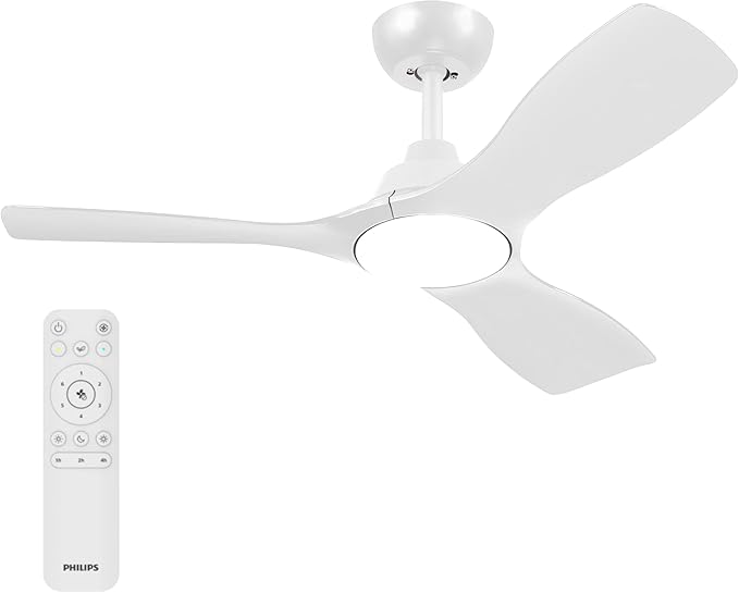 PHILIPS Fixed-Blade Ceiling Fan with LED Light, 3 Blades, 107 cm Diameter, 2650 Lumens, Tunable White Light from 3000 K to 6500 K, Dimmable to 5%, Remote Control Included, White