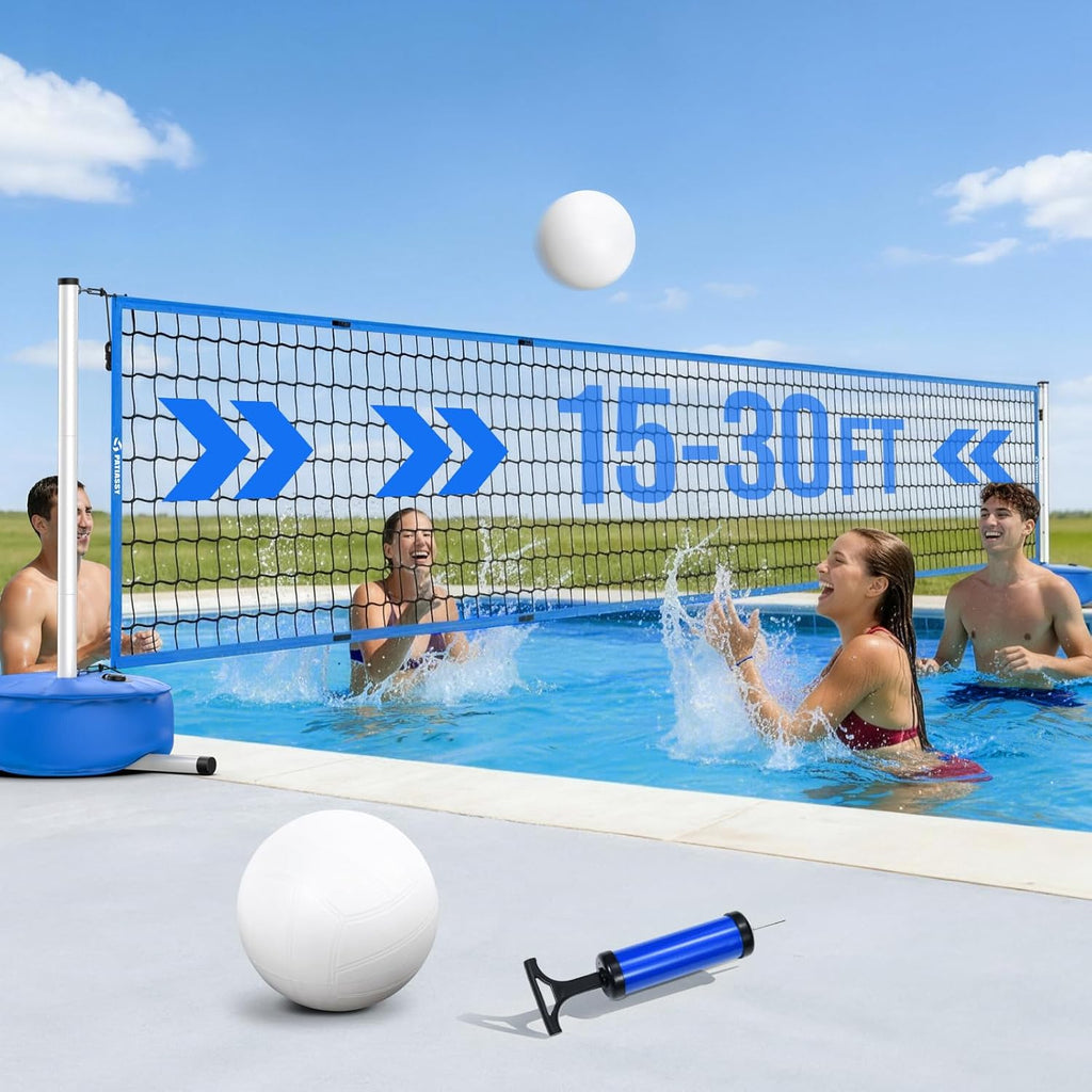 Pool Volleyball Net Set with Weighted Base, Adjustable Width from 15ft-30ft Indoor Outdoor Net System for Swimming Pools, Suitable for Water Games, Garden, Beach and Outdoor Activities