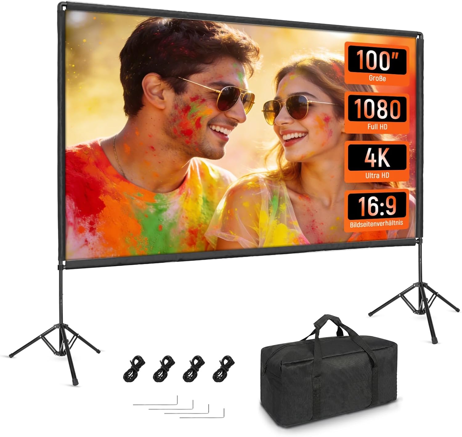 Projector Screen with Stand 100 inches, Portable Projector Screen 4K HD 16:9, Indoor Outdoor Projection Lightweight and Compact with Carrying Bag for Theatre, Home Cinema, Camping