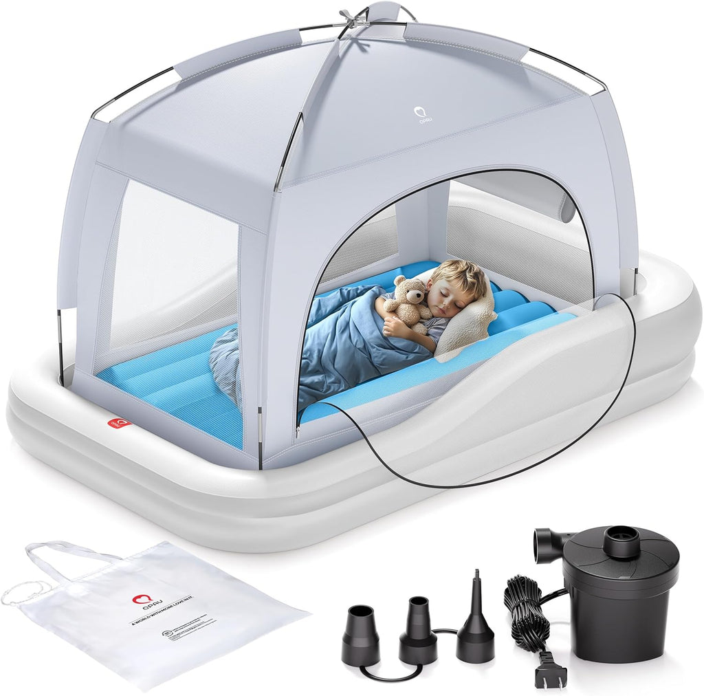 QPAU Inflatable Toddler Travel Bed with Tent, Portable Kids Air Mattress with Safety Sides, Ideal for Home, Grandma's, Camping, Traveling (Grey &amp; Blue)