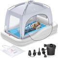 QPAU Inflatable Toddler Travel Bed with Tent, Portable Kids Air Mattress with Safety Sides, Ideal for Home, Grandma's, Camping, Traveling (Grey &amp; Blue)