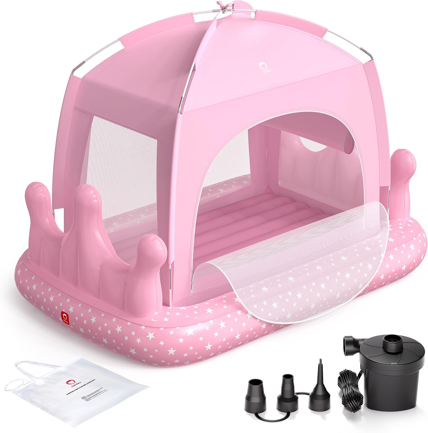 QPAU Princess Inflatable Toddler Bed with Tent, Blow Up Toddler Travel Bed with Sides, Portable Kids Air Mattress for Girls, Ideal for Home, Grandma’s, Camping &amp; Sleepovers – Includes Electric Pump