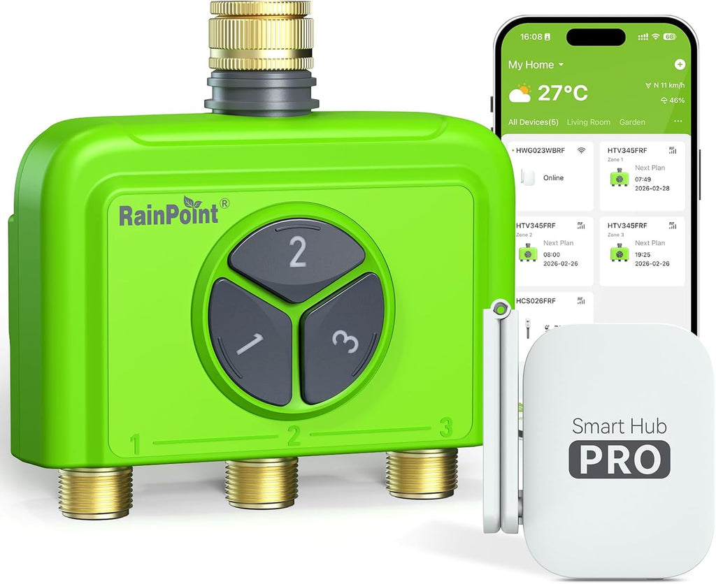 RAINPOINT Smart WiFi Water Timer 3 Zone with Hub, Wireless Garden Irrigation Controller with Brass Inlet, App &amp; Voice Control, Automatic Rain Delay Sprinkler System for Lawn and Plants