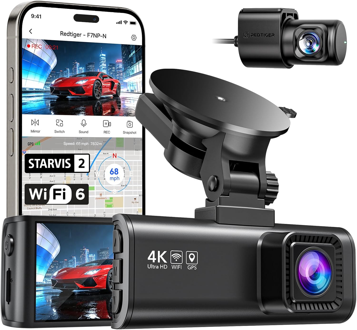 REDTIGER 4K Dash Cam Front and Rear, Fastest 5.8GHz Wi-Fi6 Dashcam, STARVIS 2 Ultra Night Vision Dash Camera, 3.18” Screen, 170°Wide Angle, 24H Parking Mode, SD Card Not Included, Max 512GB(F7NP-N)