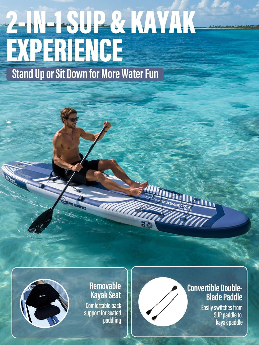 TIGERXBANG 11' Inflatable Stand Up Paddle Board, SUP Board with Seat & Complete Accessories, Extra Wide Non-Slip Deck, Paddleboard for Adults & Beginners - Shadow Collection