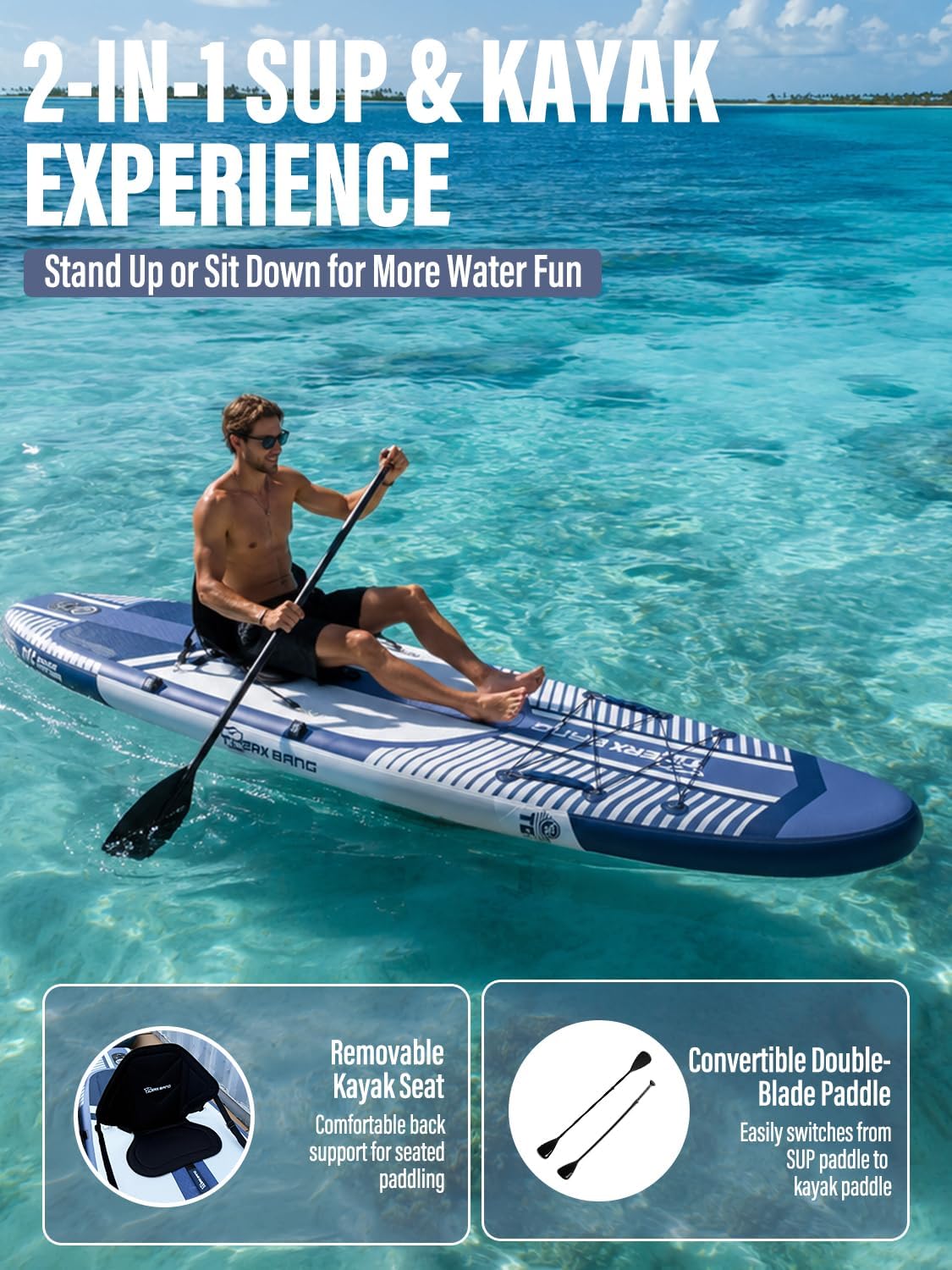 TIGERXBANG 11' Inflatable Stand Up Paddle Board, SUP Board with Seat & Complete Accessories, Extra Wide Non-Slip Deck, Paddleboard for Adults & Beginners - Shadow Collection