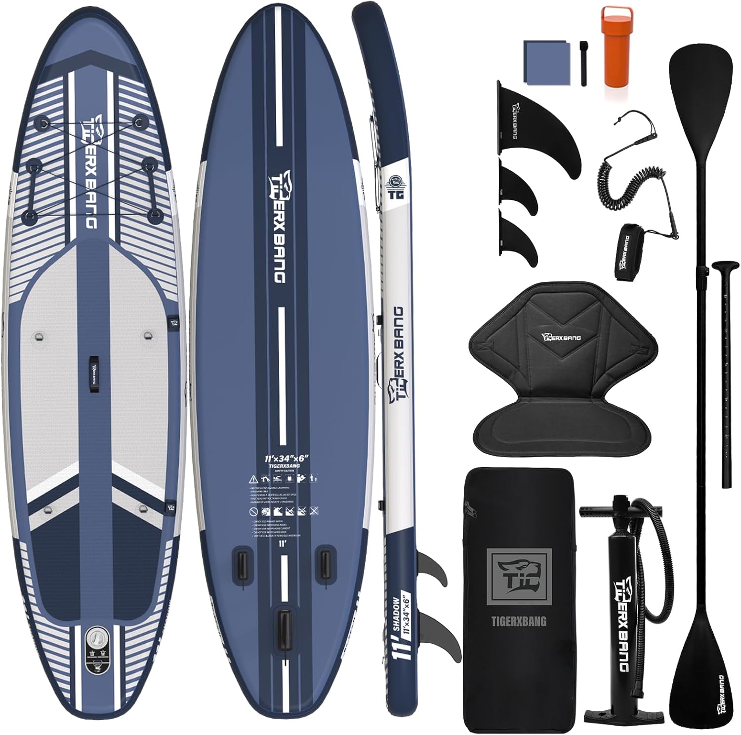 TIGERXBANG 11' Inflatable Stand Up Paddle Board, SUP Board with Seat & Complete Accessories, Extra Wide Non-Slip Deck, Paddleboard for Adults & Beginners - Shadow Collection