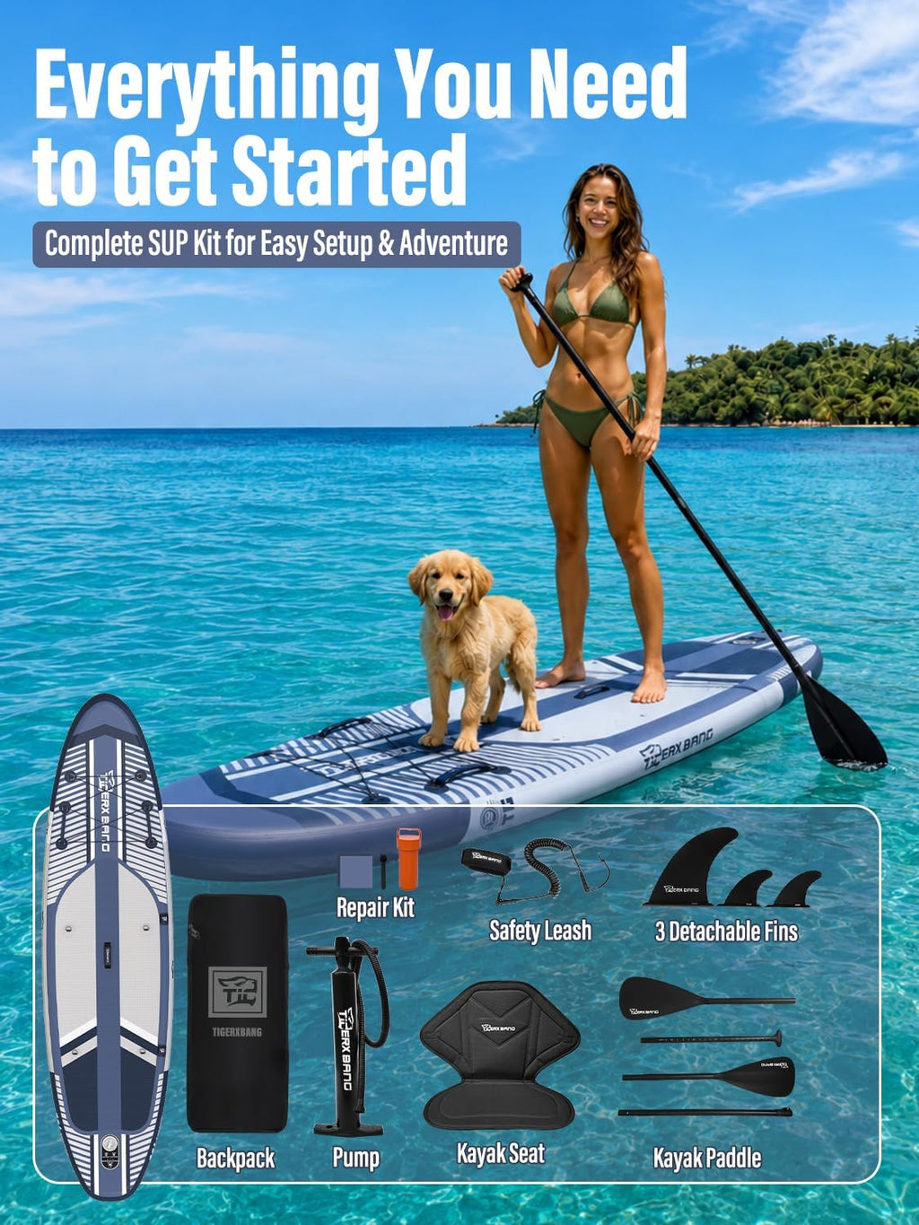 TIGERXBANG 11' Inflatable Stand Up Paddle Board, SUP Board with Seat & Complete Accessories, Extra Wide Non-Slip Deck, Paddleboard for Adults & Beginners - Shadow Collection