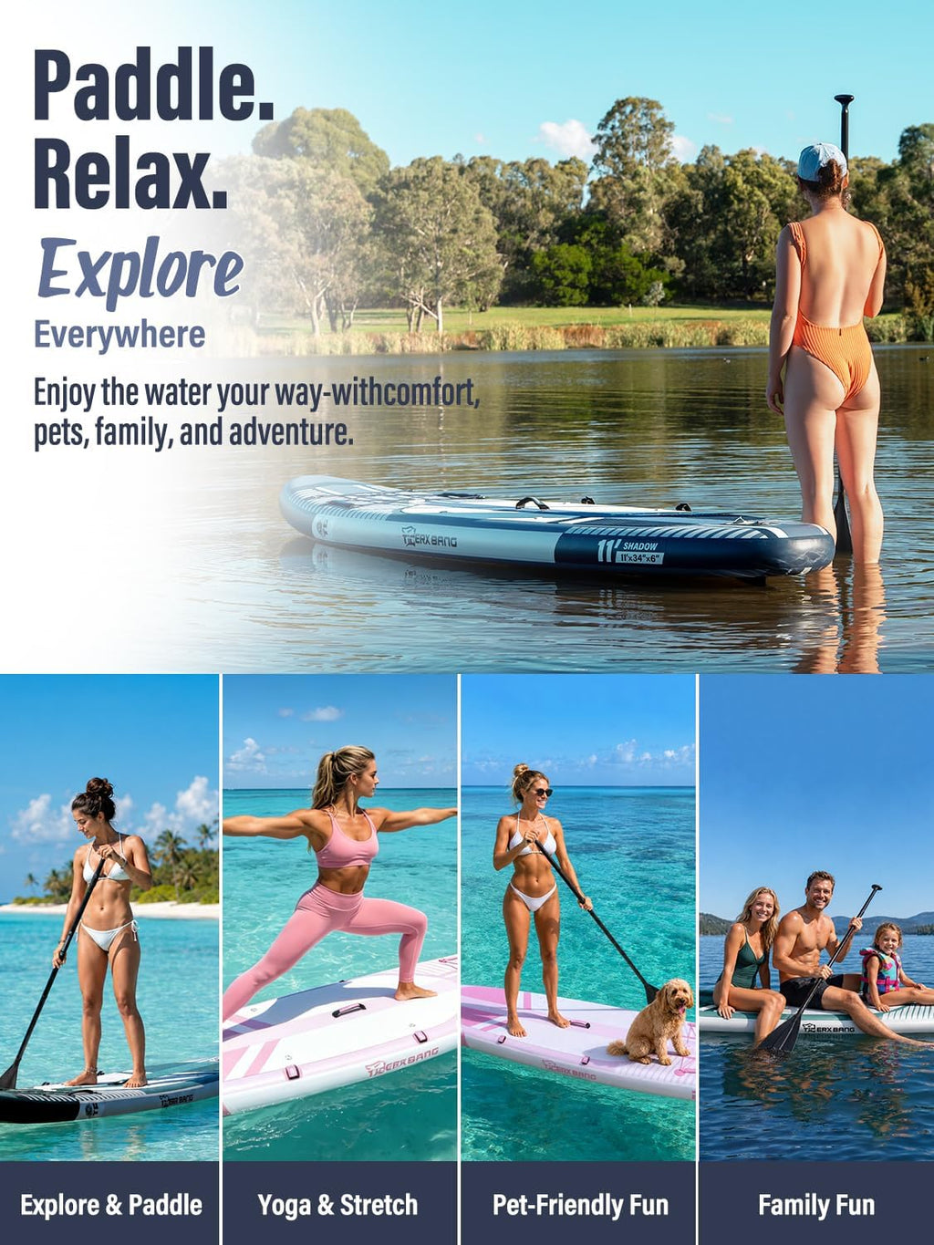 TIGERXBANG 11' Inflatable Stand Up Paddle Board, SUP Board with Seat & Complete Accessories, Extra Wide Non-Slip Deck, Paddleboard for Adults & Beginners - Shadow Collection
