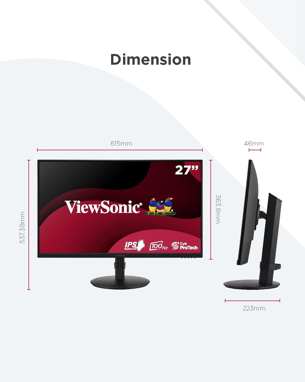 ViewSonic VA2708-HDJ 27 inch Monitor Full HD, 100Hz, 1ms MPRT, IPS, 99% sRGB, Height Adjustable, HDR10, HDMI, VGA, DP, Flicker Free, 2 Years Warranty