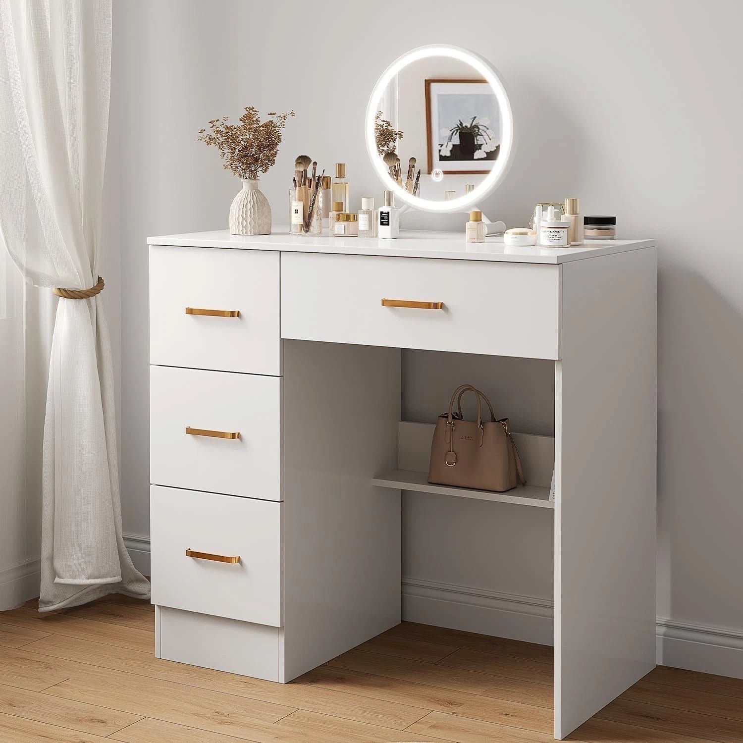 White Dressing Table with 4 Drawers Multi-Purpose Makeup Desk Compact Computer Desk for Home Office Wooden Study Table 80 x 40 cm