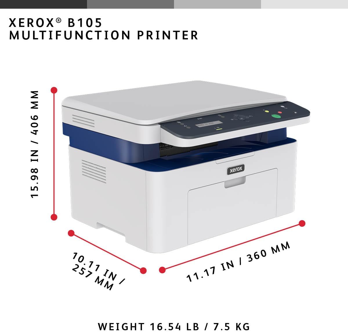Xerox B105 Multifunction Wireless Printer - Compact Mono Laser All-in-One, Fast 20ppm, Print/Scan/Copy, A4, Desktop Home Office, Small Team, Mobile Ready, Wi-Fi, AirPrint