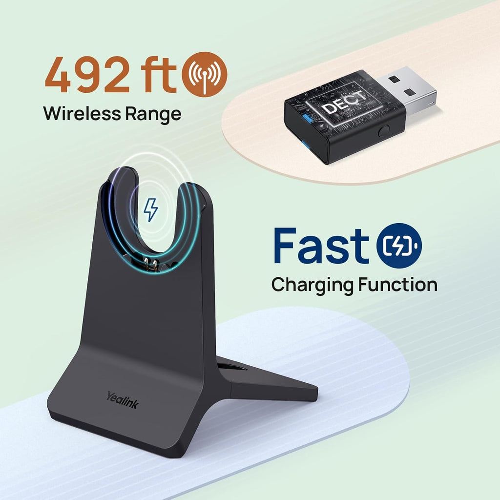 Yealink WH64 Hybrid with Stand DECT& Bluetooth Wireless Headset with Mic for Work, Bluetooth Headphones, 3X Mic, 492ft Range,32H Talk Time, Office Portable Stereo On Ear Headsets for PC Laptop